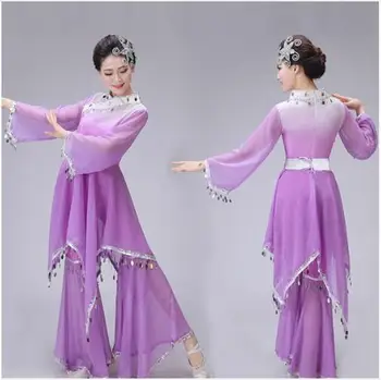 (0181) Sieviešu purpura kvadrātveida yangko umbralle deju tērpi sieviešu fan deju kostīmu vizuļi Klasiskā Deju apģērbu