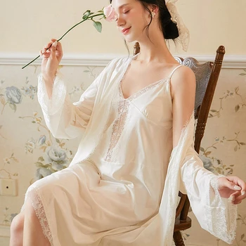 2 Gabals/komplekts Sievietēm Nightdress Komplekts Mežģīņu Kleitas & Halāti Komplekti Vintage Elegantus Nightgowns Peldmēteļi Sexy Sleepwear Kokvilnas Homewear