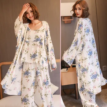 3 Gabali Sieviešu Japānas Kimono, Pidžamas, Kokvilnas Sleepwear Pijama Mīksto Mājas Apģērbu Ziedu Drukas Miega Lounge Pyjama Pidžamas Komplekts