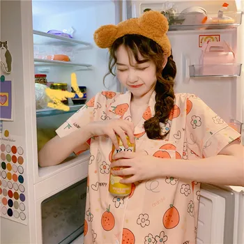 Apelsīnu Iespiesti Vasaras Pidžamas Komplekts Sievietēm Salds Kawaii Sleepwear Mājas Tērps Korejiešu Mājas Apģērbu Ar Īsām Piedurknēm Ziedu Kabatām