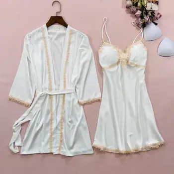 Balta Mežģīņu Kāzu Tērpu Komplekts Sievietēm Naktsveļu Sexy Peldmētelis Kleita Intīmas Apakšveļa Gadījuma Sleepwear Mājas Apģērbu Satīna Homewear