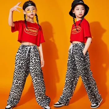 Bērni Koncertā Hip Hop Apģērba Sarkanu Crop Topi, T Kreklu, Streetwear Leopard Bikses Meitenēm Zēni Sniegumu Deju Tērpu Apģērbs