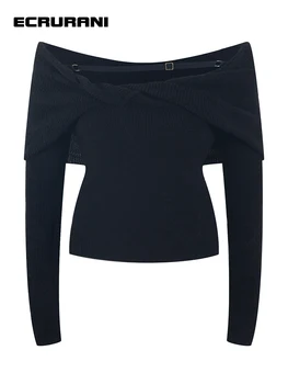 ECRURANI Minimālisma Slim Cietā Džemperis Sievietēm Slash Apkakli, garām Piedurknēm Izgriezt Ikdienas Džemperis Sieviešu Modes Stila 2022. Gada Rudens