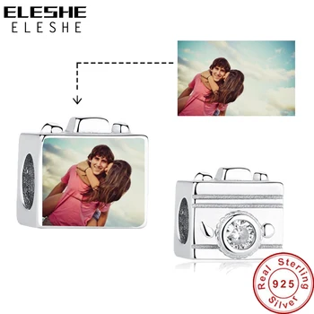 ELESHE Modes DIY Custom Foto Square Šarmu 925 Sterling Silver Fotokamera CZ Biezumu Fit Sākotnējo Šarmu Rokassprādzi Personalizēto Rotaslietas