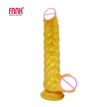 FAAK ilgi silikona dildo ar piesūcekni butt plug erotiska zivju produktu apjoma, tekstūras zelta reāli dzimumlocekļa seksa rotaļlietas sievietēm