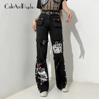 Grafiskais Izdrukāt Gothic Grunge Džinsa Džinsi Streetwear Harajuku Tumši Augstskolu Kravas Bikses Joggers Fairycore Bikses Cuteandpsycho