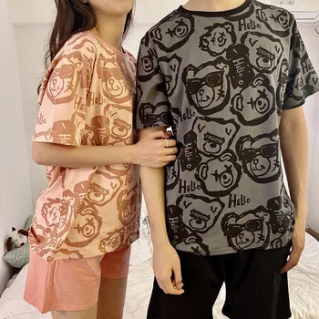 Korejas Pidžamas Komplekts Pāris Mīļotājiem Sleepwear Harajuku Pijamas Sievietes Vīrieši Sedz Galvu Karikatūra Homesuit Atpūtas Šiks Pyjama Naktī Valkā