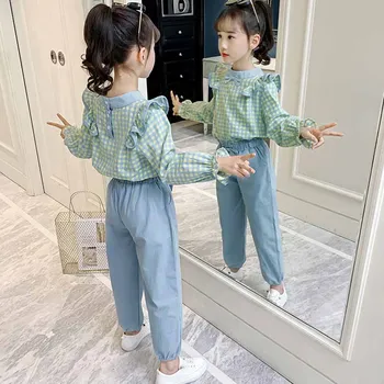 Meiteņu Rudens Apģērbu Komplekti korejas Lielo Bērnu Loku Mežģīnes garām Piedurknēm Pleds Krekls Top+ Bikses Krekls 2gab Pusaudžu Apģērbs