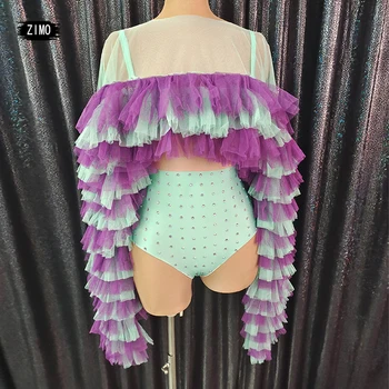 modes divas gabals bodysuit rhinestones violeta acs garām piedurknēm šalle deju kostīmu leotard sievietes puses dzimšanas dienas svētku tērpiem