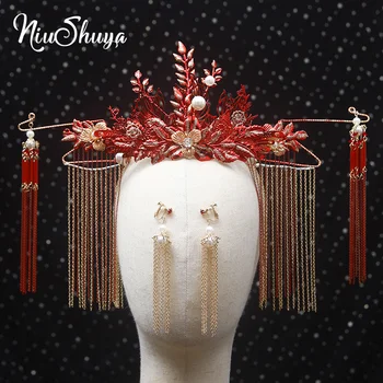 NiuShuya Tradicionālā Ķīniešu Kāzu Līgava Sarkanās Karalienes Kroni Headpieces Vintage Kāzu Tiara Galvassegu Līgavas Matu Aksesuāri