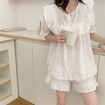 O-Veida Kakla Vasaras Pidžamas Komplekts Sievietēm Polka Dot Baltās Mājas Tērps Salds Elegants Korejas Sleepwear Mājas Drēbes Mežģīņu Šorti Komplekts