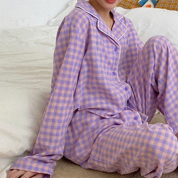 Pavasara Rudens Sieviešu Homewear Pleds Drukāt garām Piedurknēm Savukārt Apkakle Dāmas Pidžamas Komplekts Vienotā Krūtīm, Sleepwear Sieviešu 2021