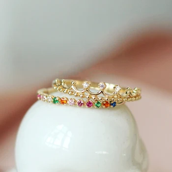Rainbow sērijas kroņa gredzenu multi-krāsu pilna dimanta kristāla gaismas salds luksusa maigu šarmu atvēršanas regulējams rotaslietas