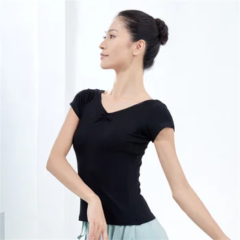 Salocīts Priekšējais Dizains Elastīgs Baleta Dejas T-krekls Deju Praktizē Tops ar Īsām Piedurknēm Vienkāršs Dizains Deju apģērbi