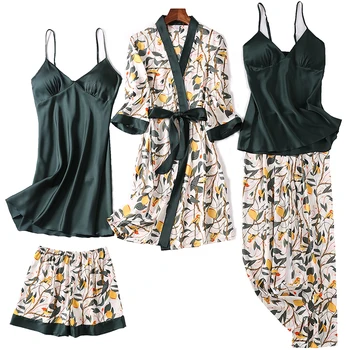 Sieviešu Satīna Zīdaini Pidžamu Tērpu Komplekti Drukāt Peldmētelis Kimono Kleita Sleepwear Pavasarī, Rudenī Jaunu Sexy Apakšveļa pjs Lounge Valkā