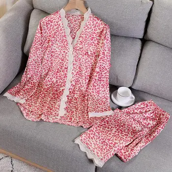 Sieviešu Sleepwear 2GAB Satīna Pidžamas Komplekts Lounge Valkāt Kreklu&Bikses Gadījuma Leopard Naktsveļu PJS Mežģīnes Raibs Pidžamas Apakšveļa