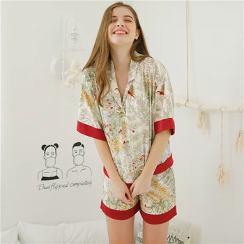 Vasaras Kokvilnas Ziedu Drukas Pidžamas Ar Īsām Piedurknēm Pidžamas Sieviešu Sexy Pijama Mujer Loungewear Mājas Drēbes Miega Komplekts H888