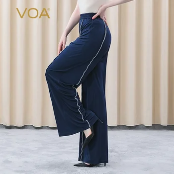 VBA Streetwear Zīda Tumši Zila 33 M/m Smago Trikotāžas Elastīga Vidukļa Stilīgs Biznesa Piepilsētas Gadījuma Taisnas Bikses Sievietēm KE316