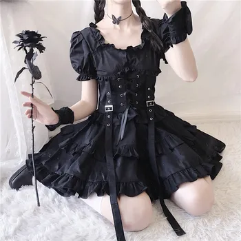 Viktorijas Renesanses Black Gothic Lolita Kleita Japāņu Meitene Vintage Punk Stila Puff Piedurknēm Pārsējs Mini Kleita Sieviešu Kleitas