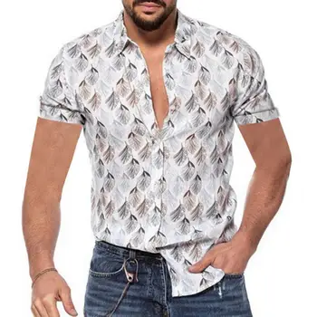 Vintage Īsām Piedurknēm Krekli Vīriešiem ar Īsām Piedurknēm Lapu Iespiesti Savukārt Apkakle Slim Havaju Krekls Streetwear Vīriešu Apģērbs