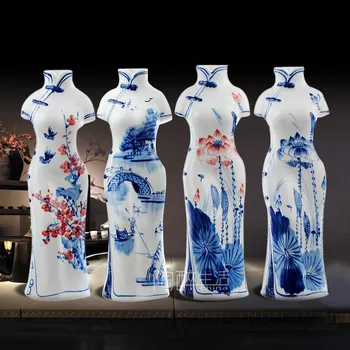 Zilā un Baltā Porcelāna Ziedu kompozīcijas, Vienkāršas Mājas Keramikas Darbvirsmas Apdare Ķīniešu Modes Amatniecības Cheongsam Maza Vāze