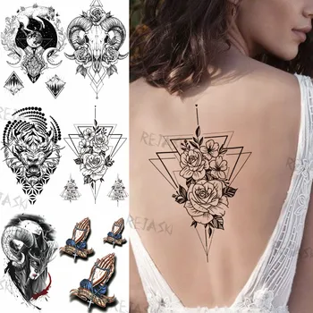 Ģeometrisko Rožu Pagaidu Tetovējumiem Sievietēm, Vīriešiem Reāli Briežu Totem Fox Lauva Karavīrs Viltus Tatoos DIY Sexy Mazgājams Atpakaļ Tatoos