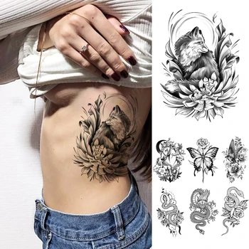 Ūdensnecaurlaidīgus Pagaidu Tetovējumu Uzlīmes tumši fox unicorn ziedi Flash Tetovējumiem Gothic Y2K Body Art Roku Viltus Tetovējums Vīrieši Sievietes