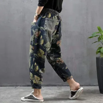 2022 Jauno Vasaras Ķīniešu Modes Dāmas Vintage Džinsa Bikses Sieviešu Ziedu Iespiesti Slouchy Mīksti Džinsi Elastīgās Bikses Izmērs 1