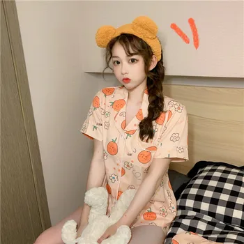 Apelsīnu Iespiesti Vasaras Pidžamas Komplekts Sievietēm Salds Kawaii Sleepwear Mājas Tērps Korejiešu Mājas Apģērbu Ar Īsām Piedurknēm Ziedu Kabatām 1
