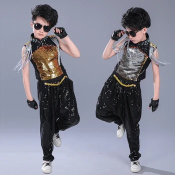 Bērniem Sequin Jaka, bikses Hip Hop Apģērbu, Džeza Deju Tērpi Zēniem Karnevāls Cilindra darbības Balles Deju Tērpiem 1
