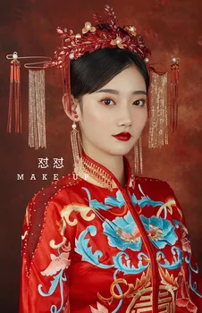NiuShuya Tradicionālā Ķīniešu Kāzu Līgava Sarkanās Karalienes Kroni Headpieces Vintage Kāzu Tiara Galvassegu Līgavas Matu Aksesuāri 1