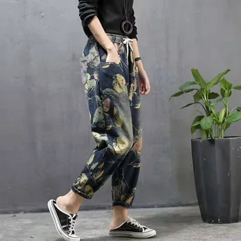2022 Jauno Vasaras Ķīniešu Modes Dāmas Vintage Džinsa Bikses Sieviešu Ziedu Iespiesti Slouchy Mīksti Džinsi Elastīgās Bikses Izmērs 2