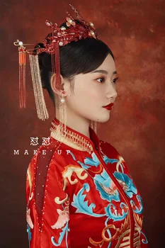 NiuShuya Tradicionālā Ķīniešu Kāzu Līgava Sarkanās Karalienes Kroni Headpieces Vintage Kāzu Tiara Galvassegu Līgavas Matu Aksesuāri 2