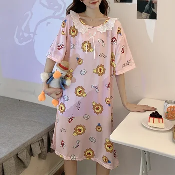Sleepshirts Sieviešu Salds Karikatūra Izdrukāt Mežģīņu Dizaina Īsām Piedurknēm Nightgowns Vasaras Studentiem Korejas Modes Karstā Pārdošanas Sleepwear Šiks 2