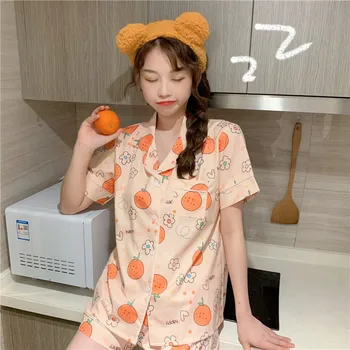 Apelsīnu Iespiesti Vasaras Pidžamas Komplekts Sievietēm Salds Kawaii Sleepwear Mājas Tērps Korejiešu Mājas Apģērbu Ar Īsām Piedurknēm Ziedu Kabatām 3