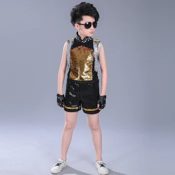 Bērniem Sequin Jaka, bikses Hip Hop Apģērbu, Džeza Deju Tērpi Zēniem Karnevāls Cilindra darbības Balles Deju Tērpiem 3