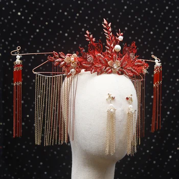 NiuShuya Tradicionālā Ķīniešu Kāzu Līgava Sarkanās Karalienes Kroni Headpieces Vintage Kāzu Tiara Galvassegu Līgavas Matu Aksesuāri 3