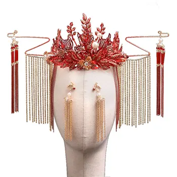 NiuShuya Tradicionālā Ķīniešu Kāzu Līgava Sarkanās Karalienes Kroni Headpieces Vintage Kāzu Tiara Galvassegu Līgavas Matu Aksesuāri 5