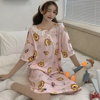 Sleepshirts Sieviešu Salds Karikatūra Izdrukāt Mežģīņu Dizaina Īsām Piedurknēm Nightgowns Vasaras Studentiem Korejas Modes Karstā Pārdošanas Sleepwear Šiks 5